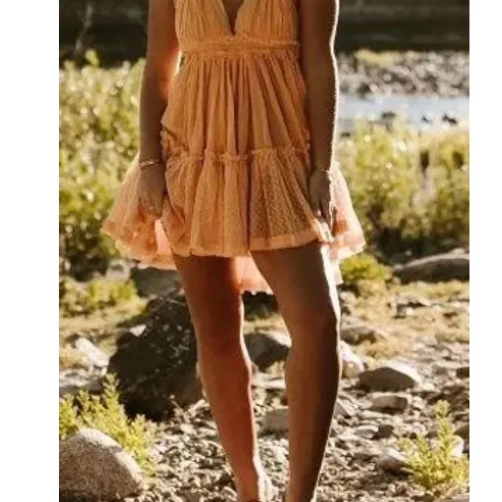 Free People Halter Mini Dress Tiered Ruffle Swiss Dot Beach Festival sm